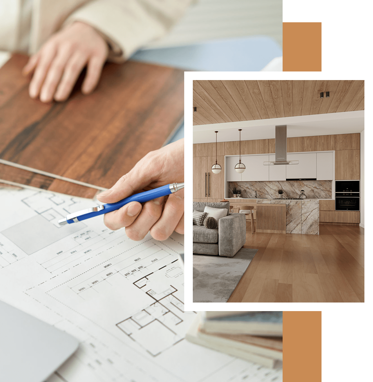 Architect reviewing blueprints and kitchen design.