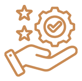 An orange icon showing a hand offering a heart with stars around it.