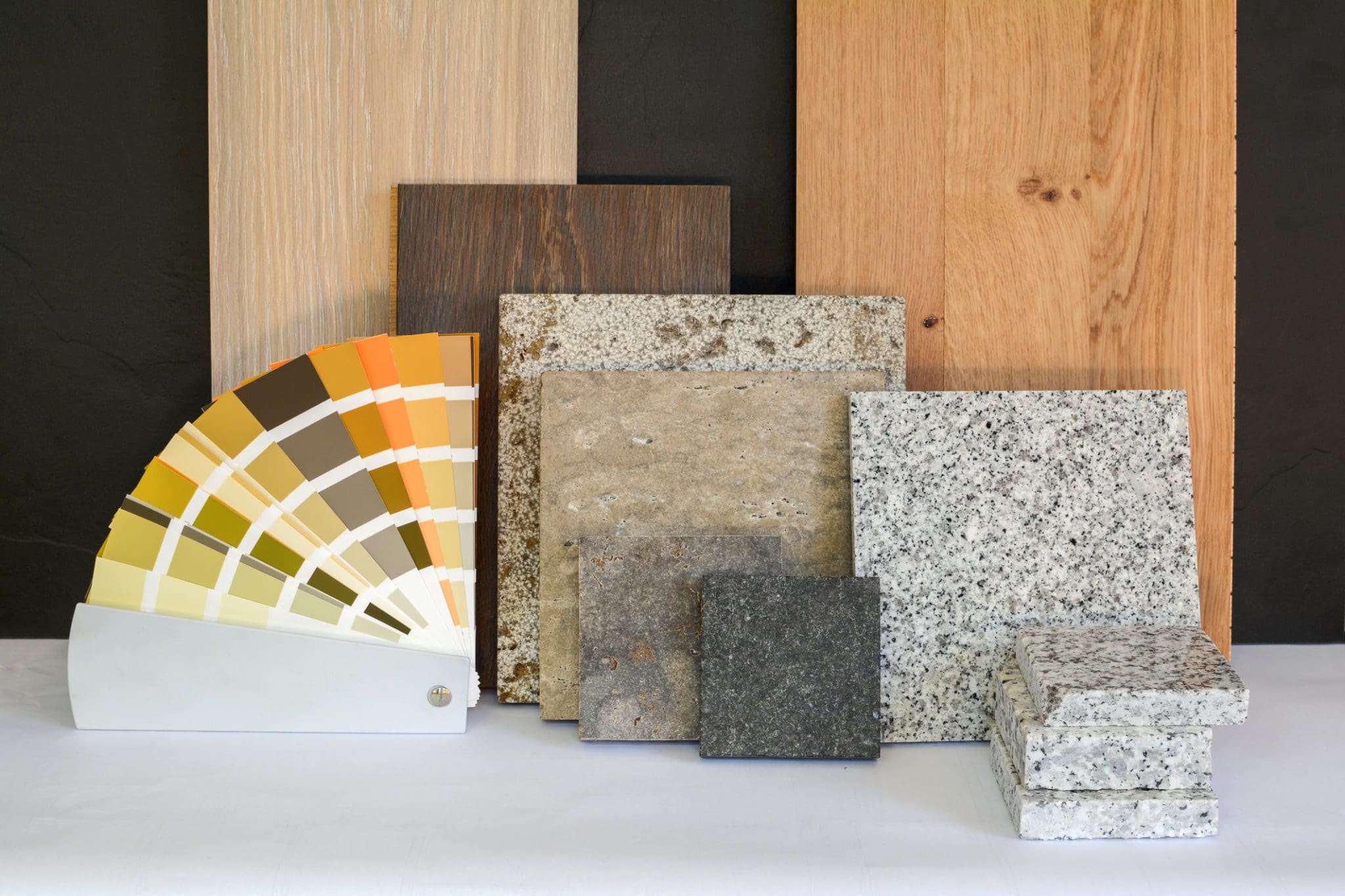 Color swatches and stone samples display.