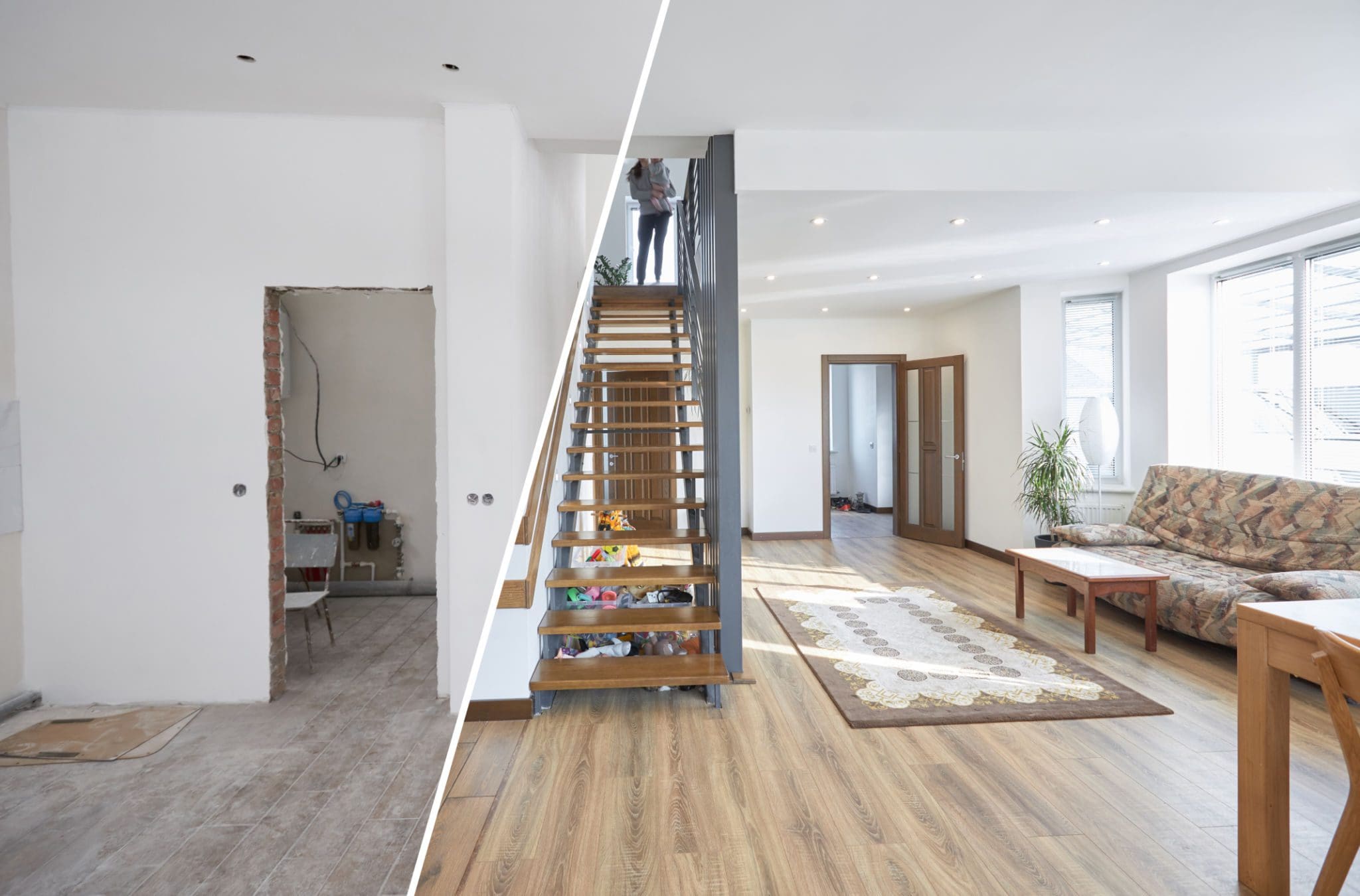 Room renovation before and after comparison.